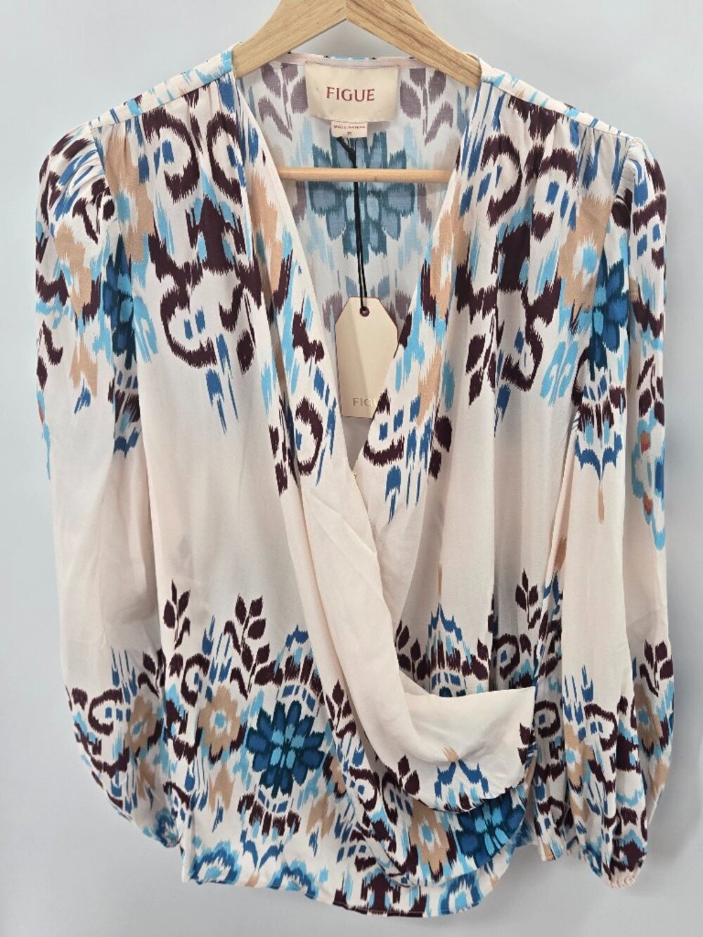Figue Jocelyn Mirage Ikat Biscotti Beige V-Neck Wrap Boho Top Medium